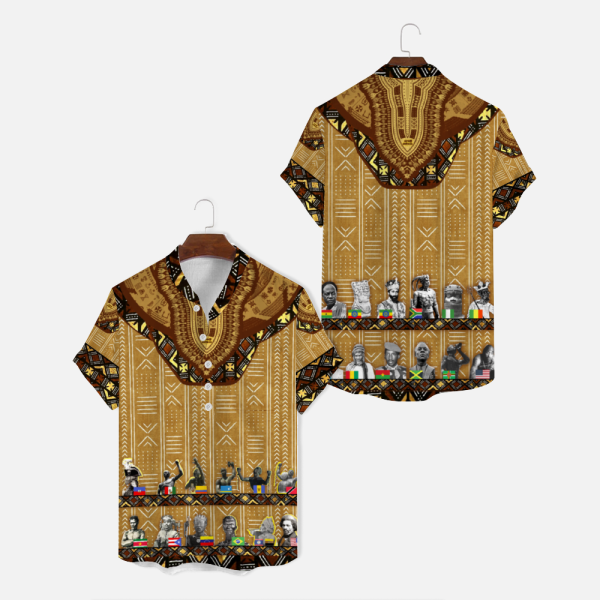 Mudcloth Dashiki Button Shirt Unisex Short-sleeve Blouses No Collar Kingshiki - Image 3