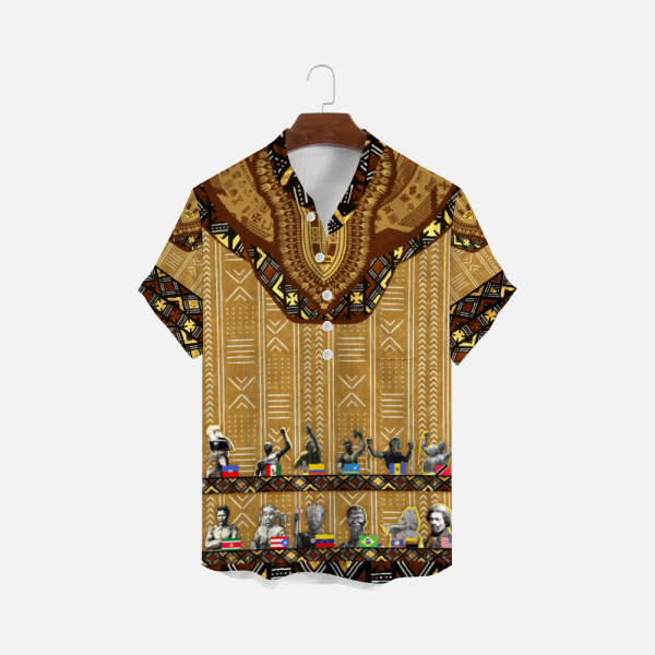 Mudcloth Dashiki Button Shirt Unisex Short-sleeve Blouses No Collar Kingshiki